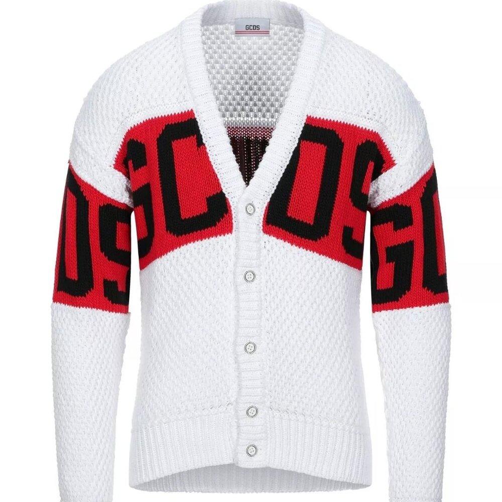 NWT $499 Auth GCDS Logo White/Red/Black Women/Men Relaxed Cardigan Sweater Sz S
